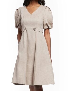 NY&C Taupe Knee Length Linen Blend Dress with Balloon Sleeves & POCKETS Size L
